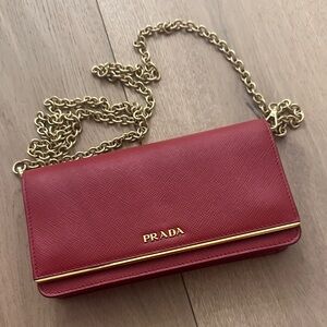 Prada Red Leather Clutch with Gold Chain